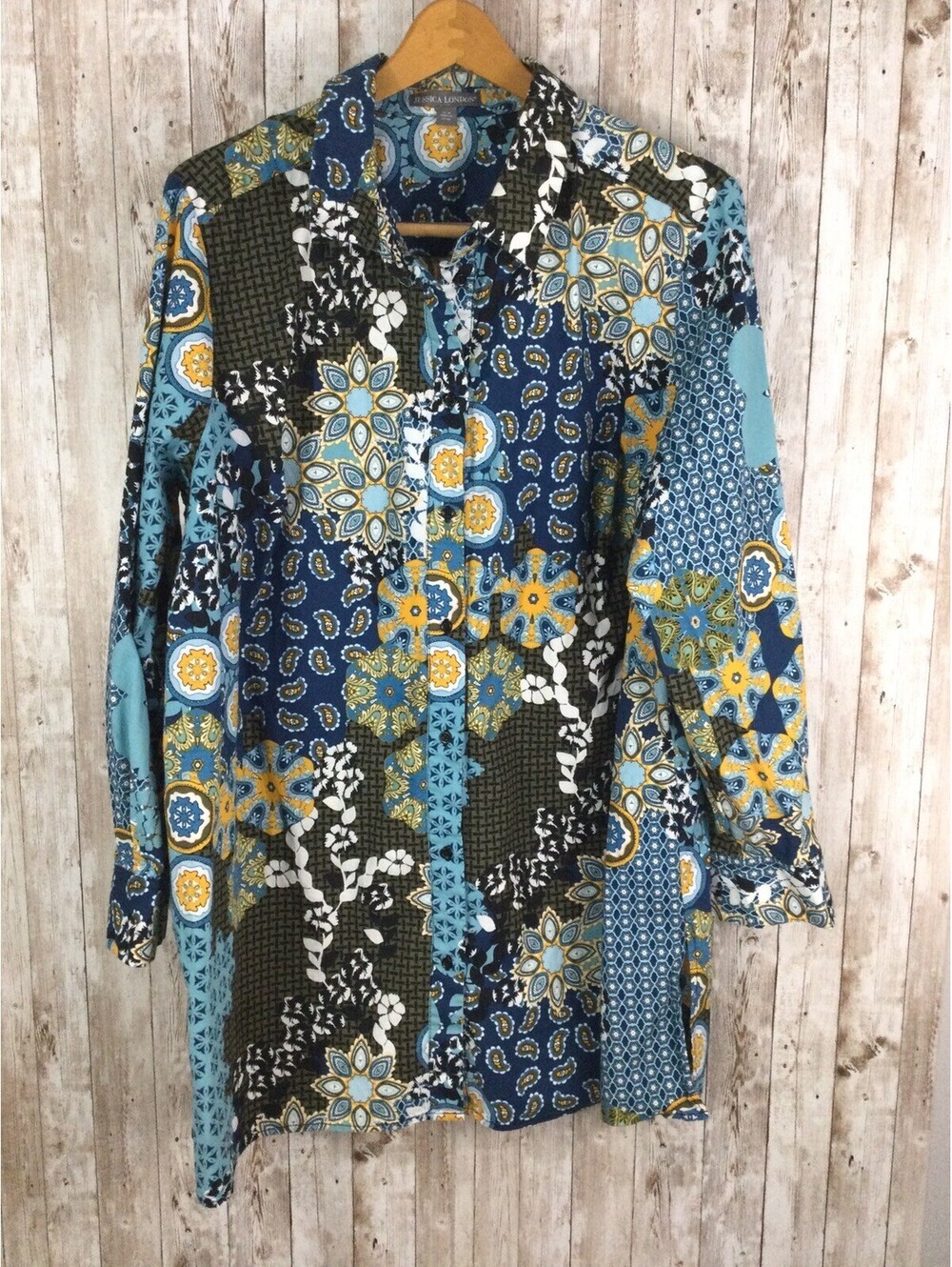 Jessica London Button Down Top Colorful Womens 26W Long Sleeves Cotton Blend